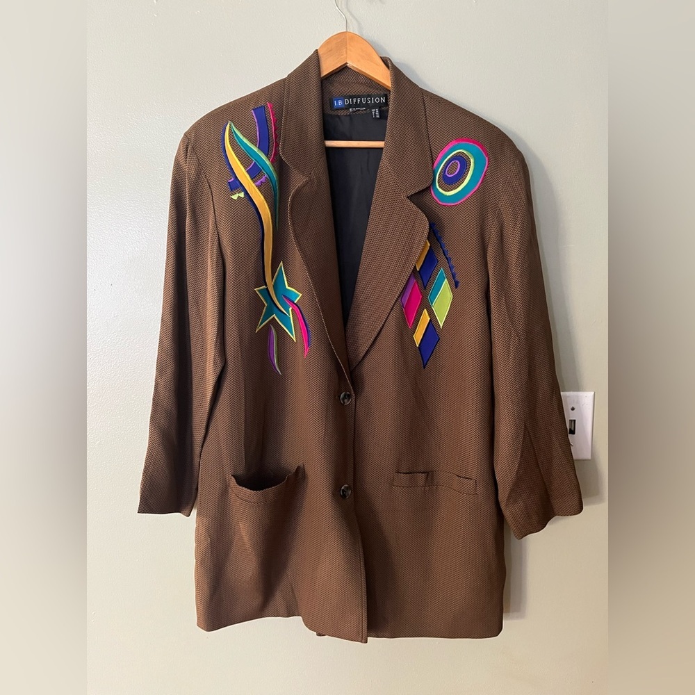 IB Diffusion Brown Blazer with Colorful Abstract Design Y2K VTG Size 10